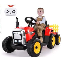 Ride on Tractor with Detachable Trailer, Kids' Electric Vehicles w/3-Gear-Shift Ground Loader, Wireless Design & USB, 7 LED Headlights, Remote Control