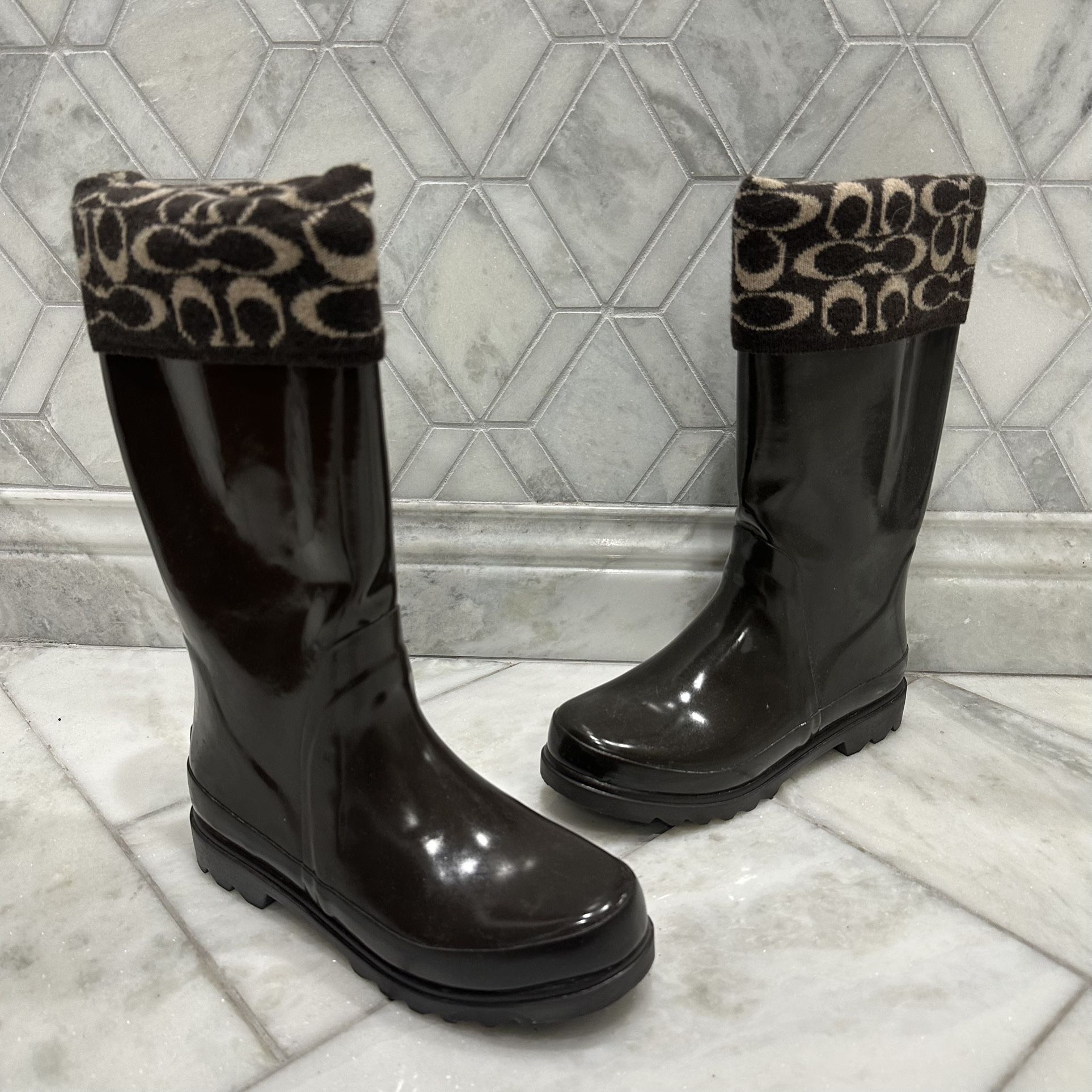 Size 8 Coach Signature Brown Rain Boots