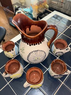 Mexican Pitcher And Matching Mugs Set