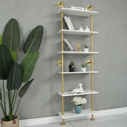 Industrial Gold Bookshelf-6 Tier Wall Mounted Ladder Bookshelf, Rustic Gold Storage Book Shelves Display Bookcase