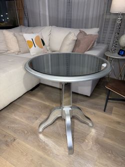 Round Mirrored Accent Table - Silver Finish