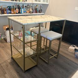 3 Piece Marble & Gold Table with Bar Stools & Shelves