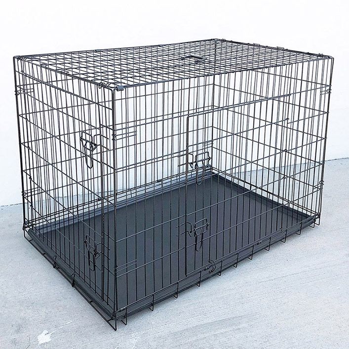 (NEW) $70 Folding 48” Dog Cage 2-Door Pet Crate Kennel w/ Tray 48”x29”x32”