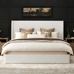 RECCI King Size Upholstered Platform Bed Frame with Tall Wingback Headboard