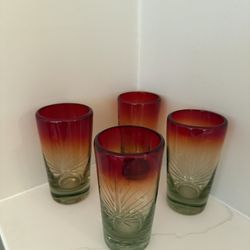 Williams Sonoma Agave Etched Red Heavy Hand- Blown Drinking Glasses, Set Of 4.