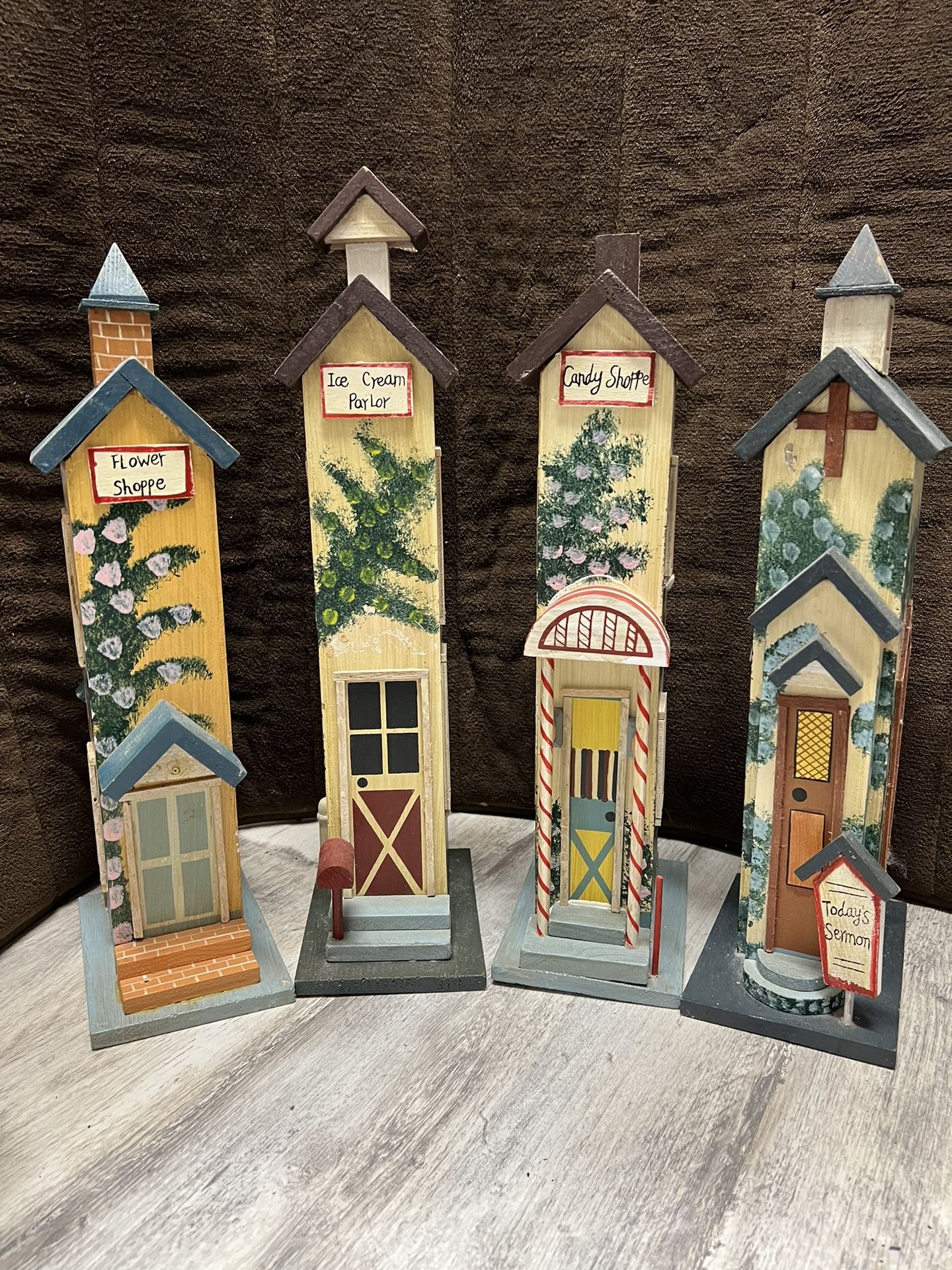 4 Vtg handmade Town Wood village pieces