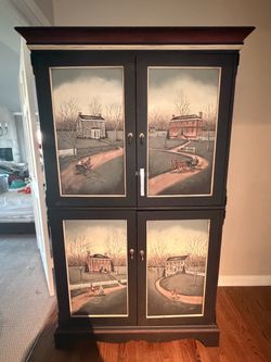 Hand-Painted Colonial Scene Armoire Cabinet
