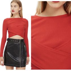 TopShop ribbed wrap red long sleeves crop top Size 12