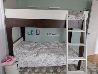 Oeuf Perch Twin Bunk Bed – White/Dark Wood – Modern Kids Bunk Bed