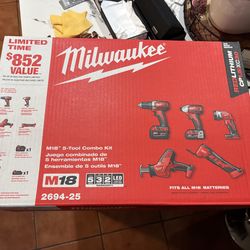 Milwaukee M18 18V Lithium-Ion Cordless Combo Kit (5-Tool) with (2) Batteries, Charger and Tool Bag