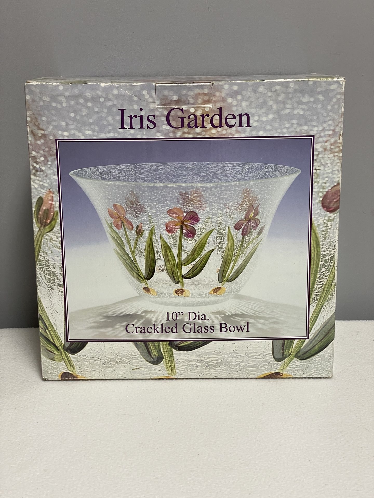 Crackled Glass Bowl, Iris Garden Flowers, 10”, New