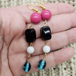 Handmade Pink, Black, White, and Aqua Beads Long Beaded Earrings