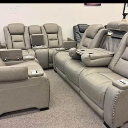 The Man-Den Sofa, Loveseat and Recliner in Gray