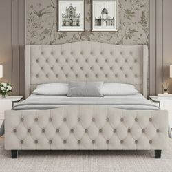 *Brand New* King Modern Velvet Upholstered Platform Bed Frame, Beige (Mattresses Available!)