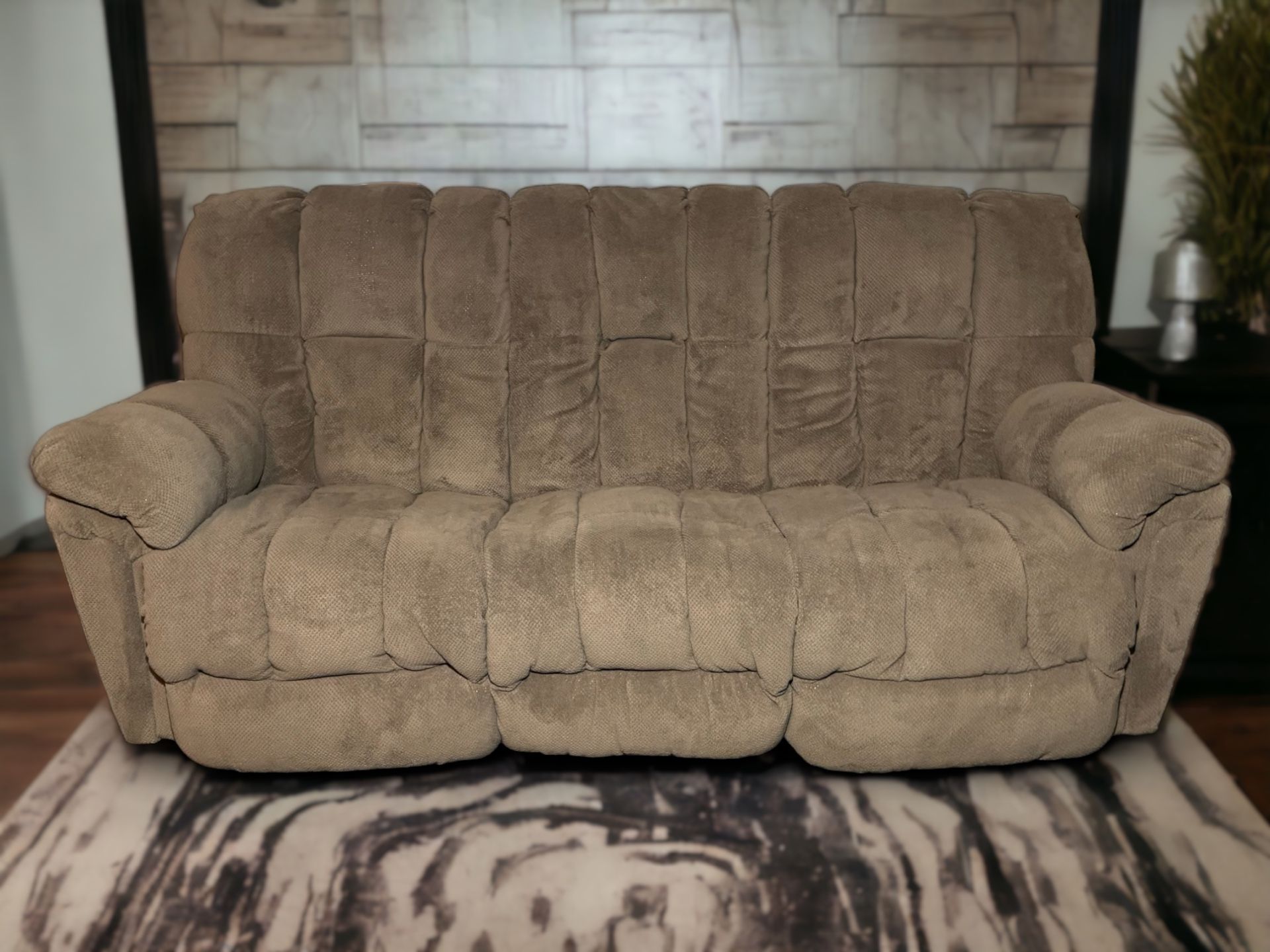 Best Chairs Tan Tufted Microfiber 3-Seat Electric Reclining Couch