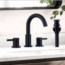 KZH Matte Black Bathroom Faucet 3 Hole, 8 inch Widespread Bathroom Faucet with Pop Up Drain, Bathroom Sink Faucet with 360° Swivel Spout, 2 Handle Van