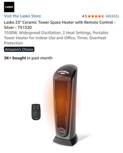 Lasko 23" Ceramic Tower Space Heater with Remote Control - Silver - W, Widespread Oscillation, 2 Heat Settings, Portable Tower Heater for I