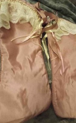 2 pink lace ribbon Christmas stockings and 2 hangers