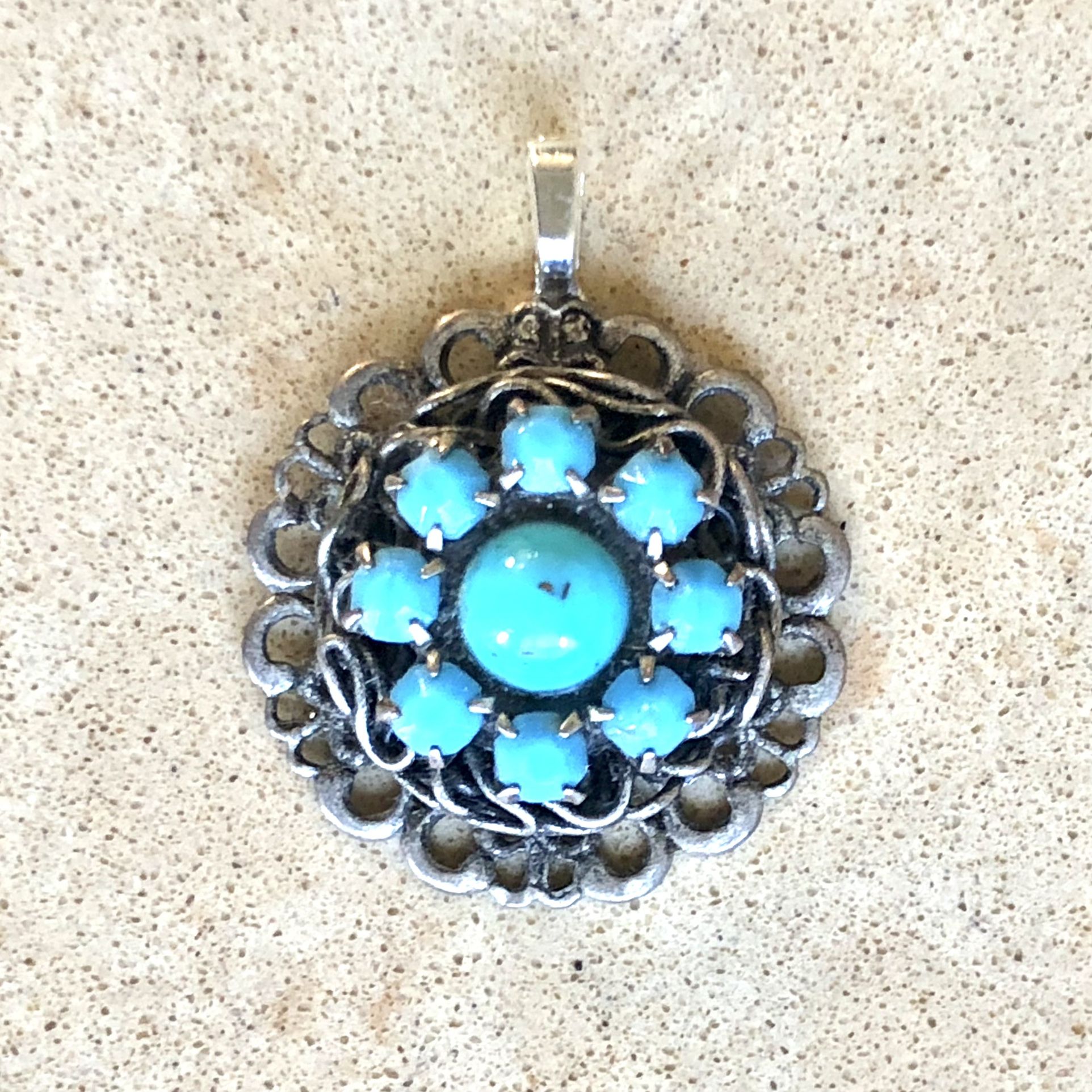 🦋 Pretty, faux turquoise bead and silver tone metal floral geometric design pendant reworked from vintage jewelry