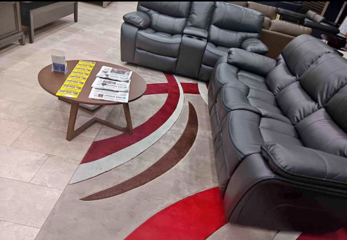 Summer sale event. Madrid, gray leather reclining sofa and loveseat set now $1199. Easy finance option. Same day delivery.