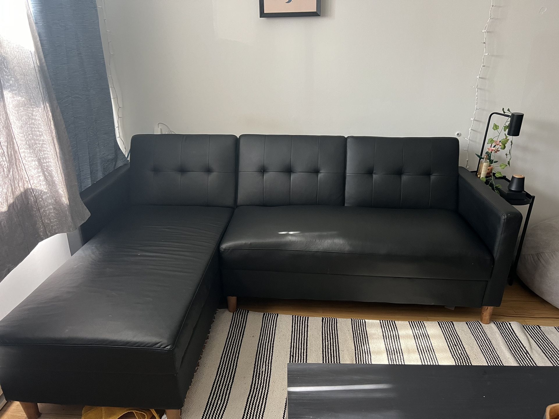 Black Leather L Shaped Sectional Couch With Storage