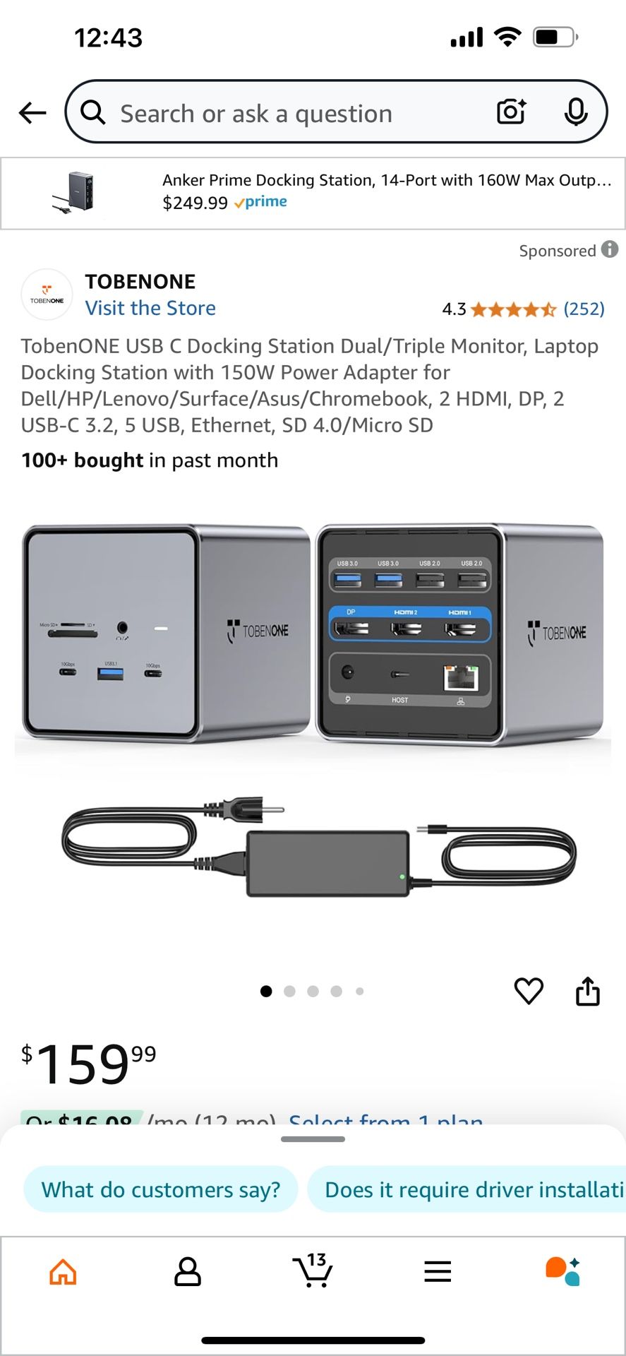 TobenONE USB C Docking Station Dual/Triple Monitor, Laptop Docking Station with 150W Power Adapter for Dell/HP/Lenovo/Surface/Asus/Chromebook, 2 HDMI,