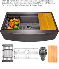 AKDY 33-inch Kitchen Sink Farmhouse Apron Mount Workstation Ledge Kitchen Sink in Gunmetal Matte Black 33" x 22" x 9" Stainless Steel Single Bowl with