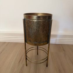 Vintage Brass Metal Planter Stand | Perforated Mid-Century Modern Plant Holder