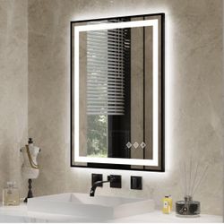 LED Bathroom Mirror, 24x32 Inch Black Framed Gradient Front and Backlit LED Mirror for Bathroom, 3 Colors Dimmable CRI>90, Enhanced Anti-Fog Wall Moun
