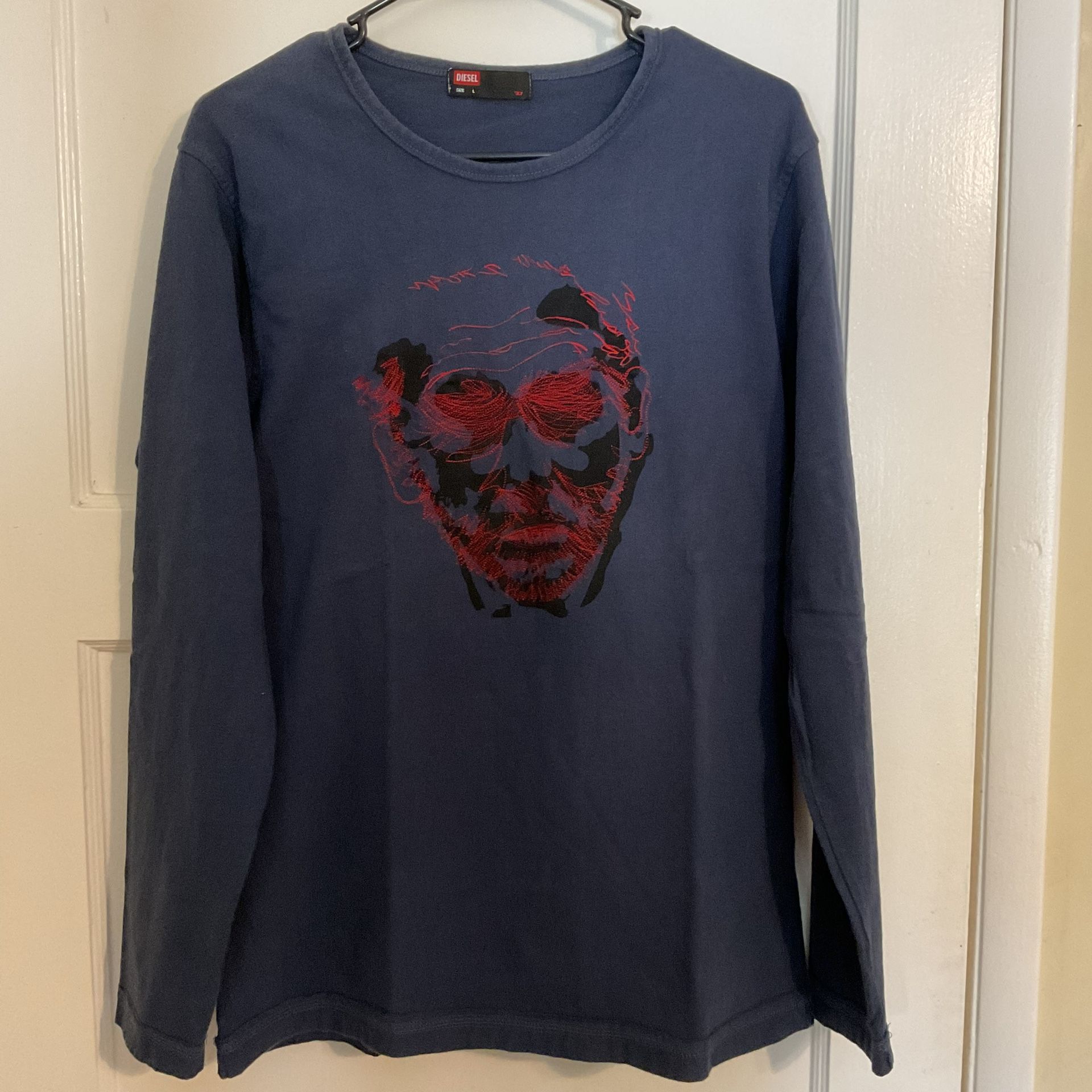 Rare Diesel Graphic T-Shirt Embroidered Face Design Navy Red Men’s Large