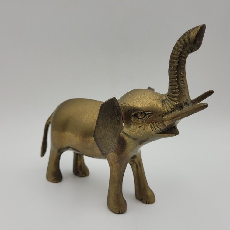 Brass Elephant Figurine Vintage Korea Geometric Octagonal Ears Trunk Up