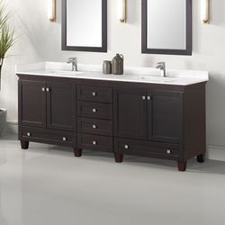 SINTERED STONE TOP DOUBLE SINK BATHROOM VANITY CABINET WHITE ESPRESSO FINISH