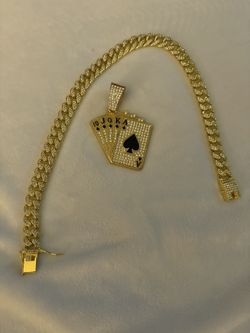 Iced Out Cuban Chain And Pendant In Silver And Gold