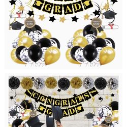 Graduation Decorations, 2021 Graduation Party Supplies Set Black Gold Congrats Grad Banner Paper Pompoms Hanging Swirls Latex Confetti Balloons Kit Ce