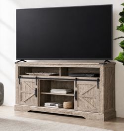 Light Rustic Oak TV Stand Living Room Hub Fits TV's up to 70 in. with Sliding Barn Doors and Adjustable Shelves