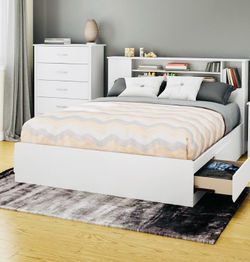 Super Nice White Storage Bed Set – Bookcase Headboard, 4 Drawers