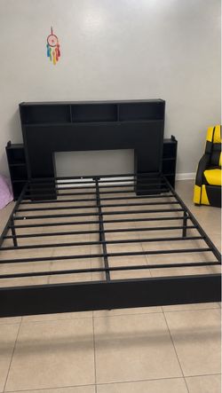 Black Bed Frame with Storage Headboard