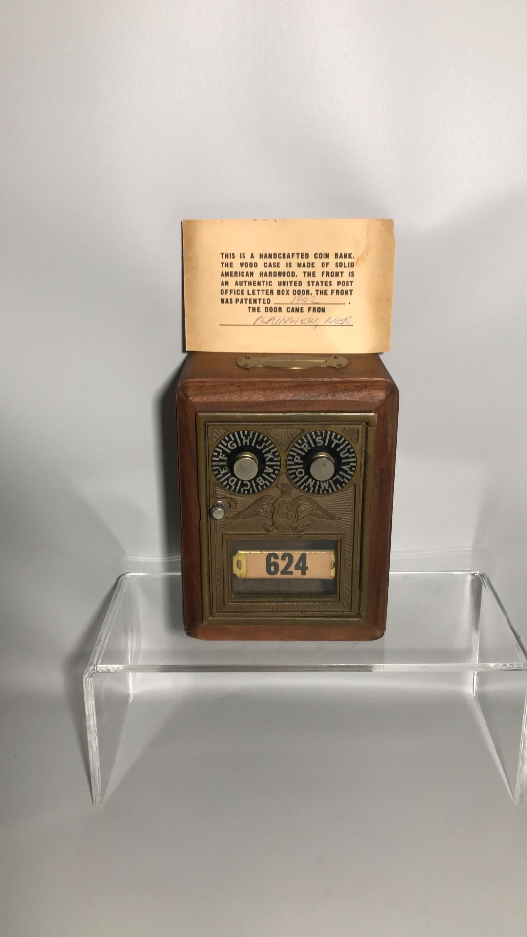 Hand Crafted Wood Double Dial Post Office Letter Door Coin Bank