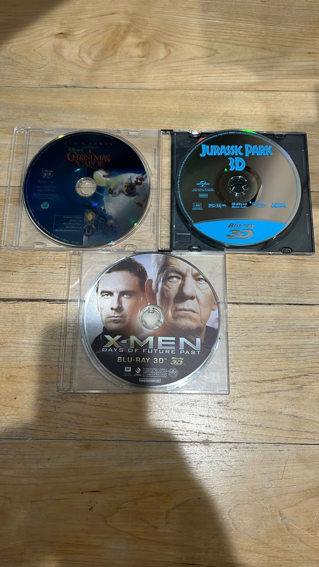 3-3D Movies—-X-Men: Days Of The Future Past 3D, Jurassic Park 3D,  and A Christmas Carol 3D