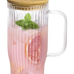 32oz Ribbed Glass Cup with Handle Bamboo Lid and Straw, Glass Tumbler, Iced Coffee Cups Hot/Cold Drinks