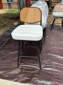 White leather rattan back bar stool