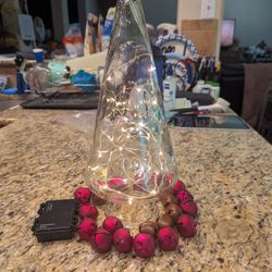 Vintage Christmas Tree Shaped Thick Clear Glass Globe W Metal Bells And Fairy Lights 13.5"