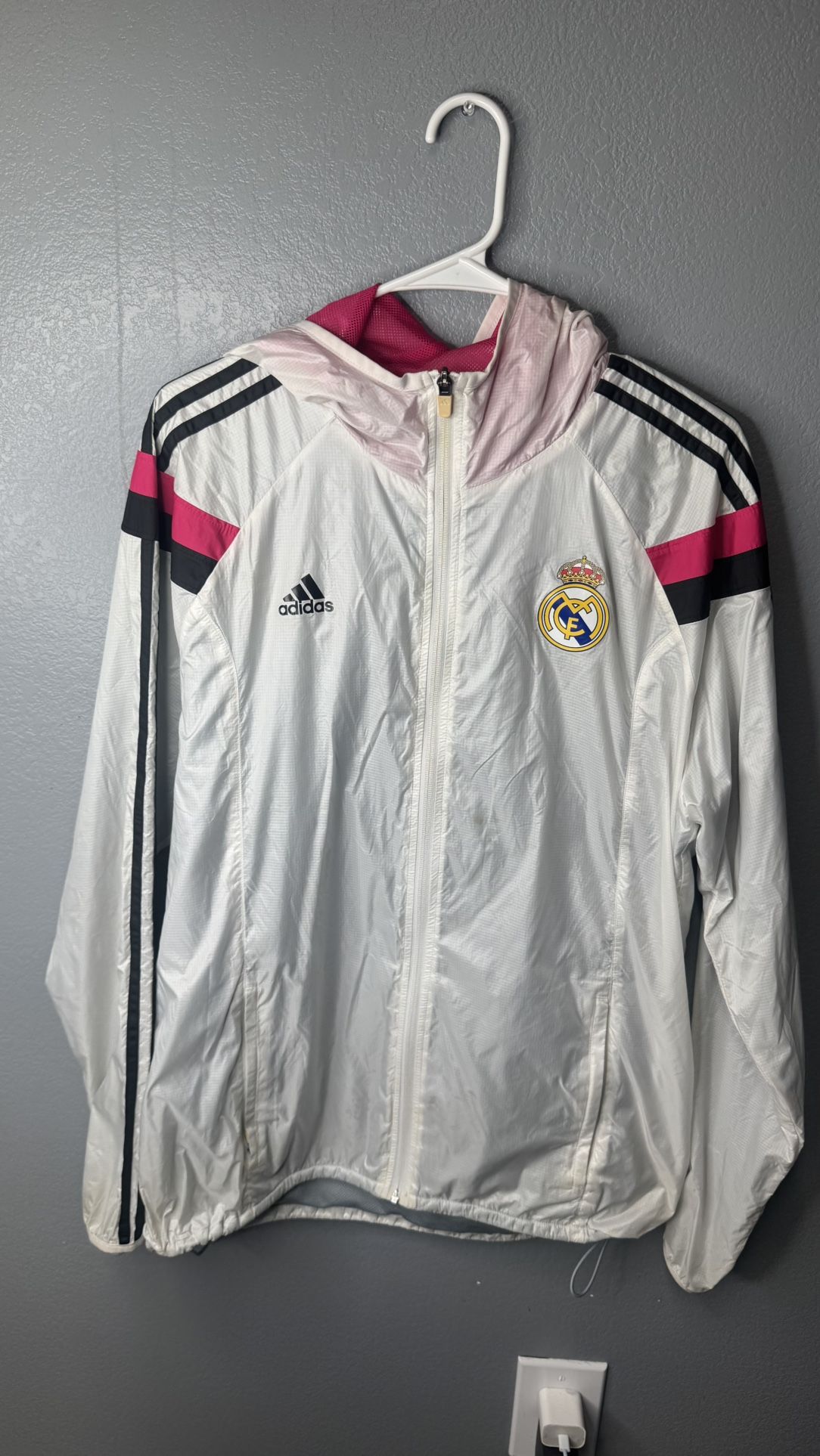 Rare Adidas Real Madrid Woven Nylon Anthem Jacket White Pink Neon Glanz Large