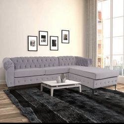 New Large Velvet Sectional Sofa with Chaise Lounge, Modern, Grey
