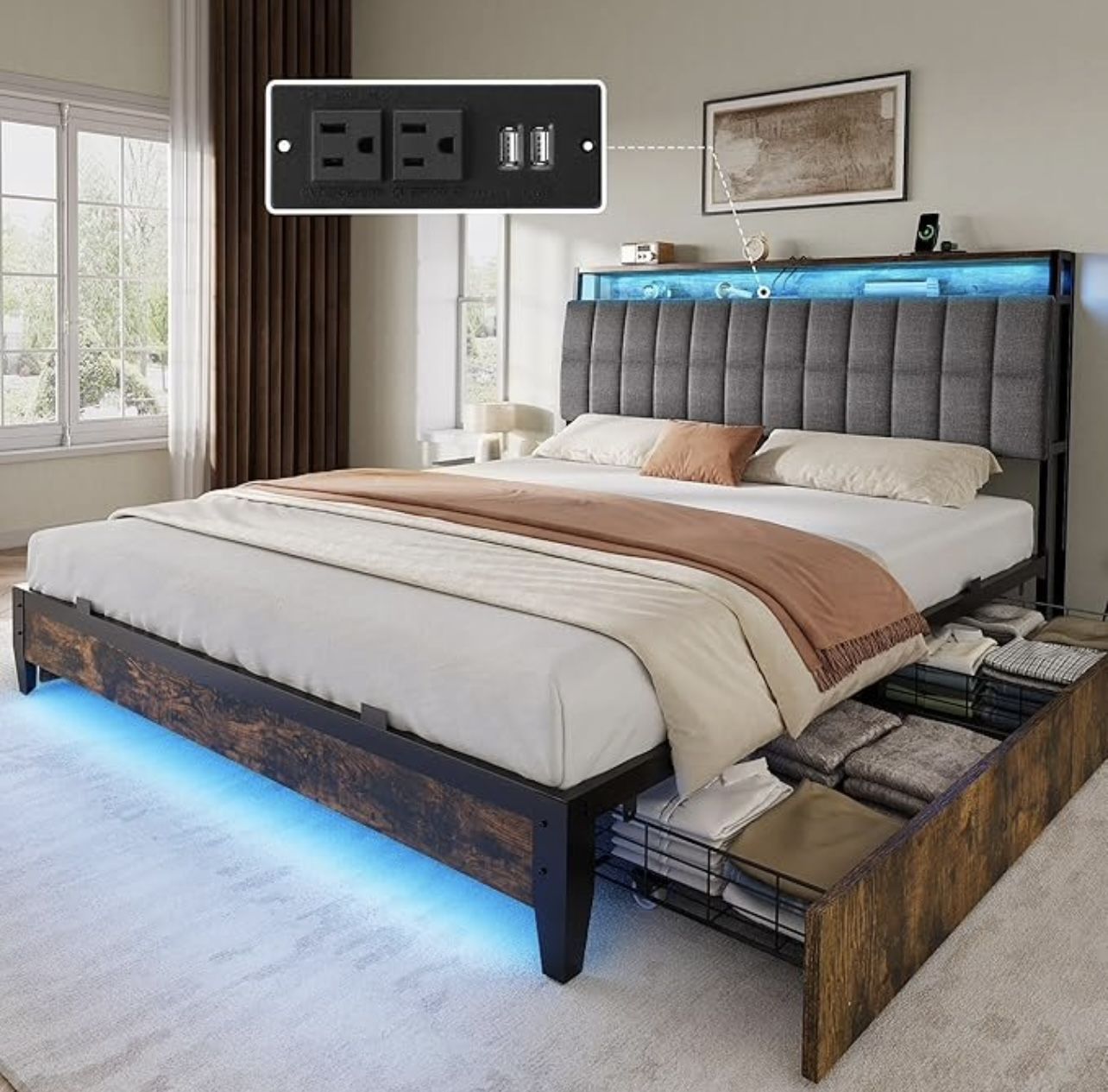 BED FRAME FULL SIZE WITH STORAGE DRAWERS AND LED LIGHTING BRAND NEW IN BOX!!!