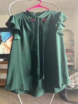 IRIS Green Ruffle Sleeve Blouse with Tie Neck