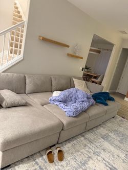 Large Gray Fabric Sectional Sofa with Chaise