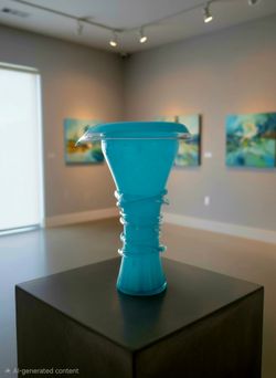 Vintage Jack in the Pulpit hand-blown turquoise art glass vase. 14.5"
