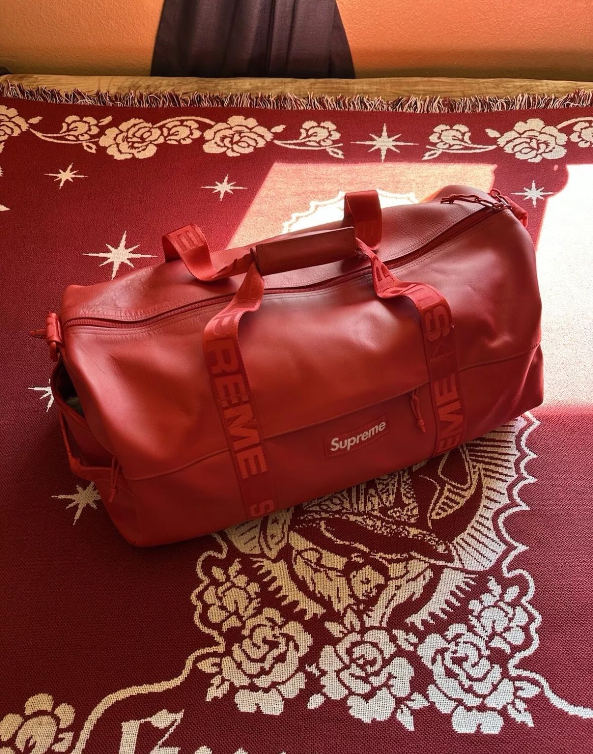 Supreme Red Leather Duffle Bag