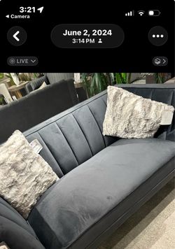 Gray Velvet Sofa with Channel Tufting